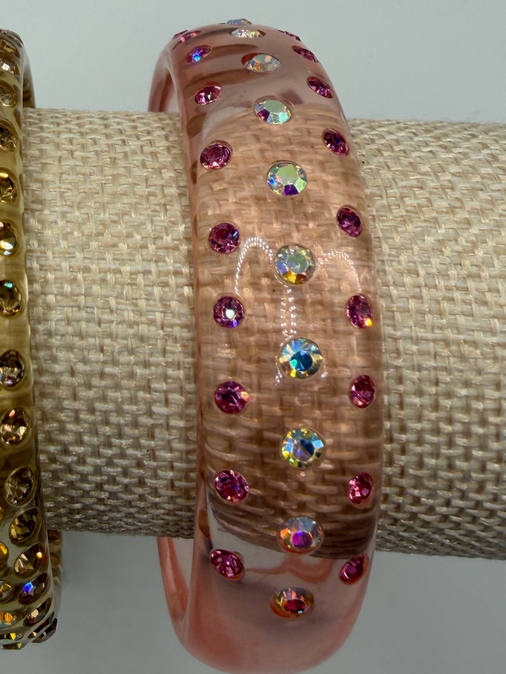 Y2K Translucent Pink Resin Bangle Bracelet with Rhinestones on Half